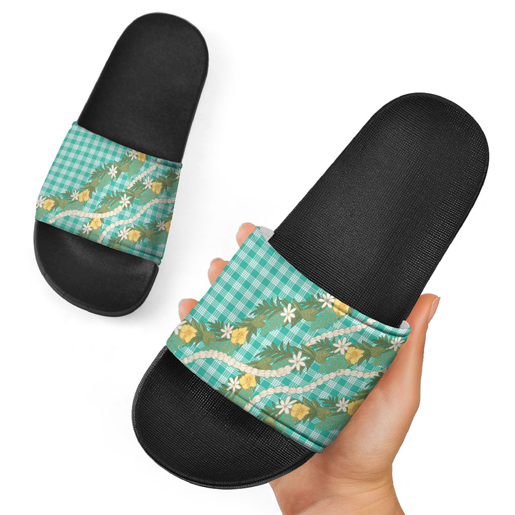 Aloha Puakenikeni Anthurium Pikake Lei Slide Sandals Marine Hawaiian Palaka Pattern