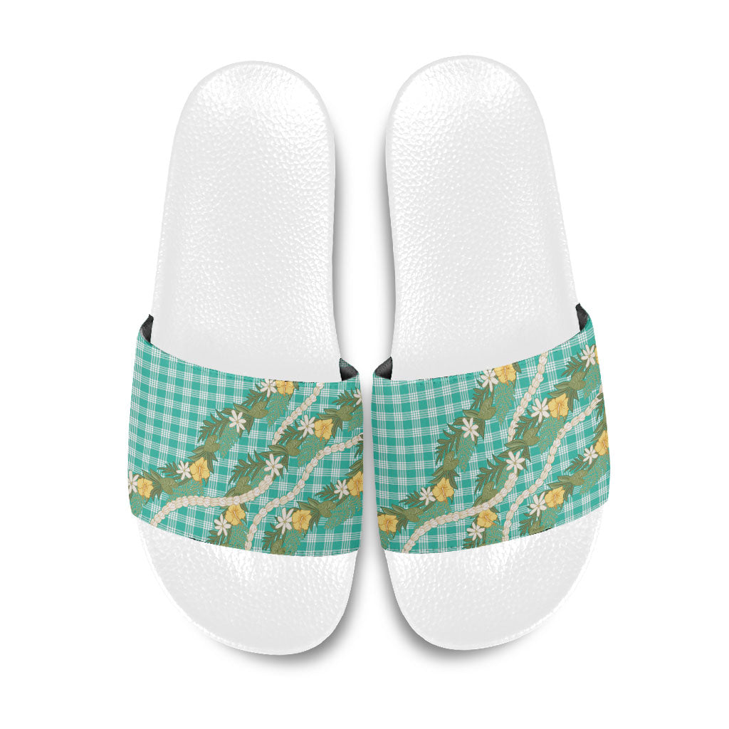 Aloha Puakenikeni Anthurium Pikake Lei Slide Sandals Marine Hawaiian Palaka Pattern