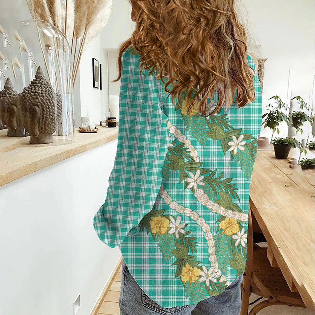 Aloha Puakenikeni Anthurium Pikake Lei Women Casual Shirt Marine Hawaiian Palaka Pattern