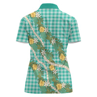 Aloha Puakenikeni Anthurium Pikake Lei Women Polo Shirt Marine Hawaiian Palaka Pattern