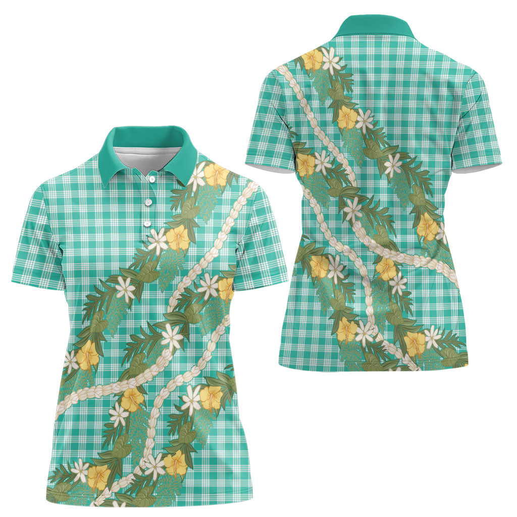Aloha Puakenikeni Anthurium Pikake Lei Women Polo Shirt Marine Hawaiian Palaka Pattern