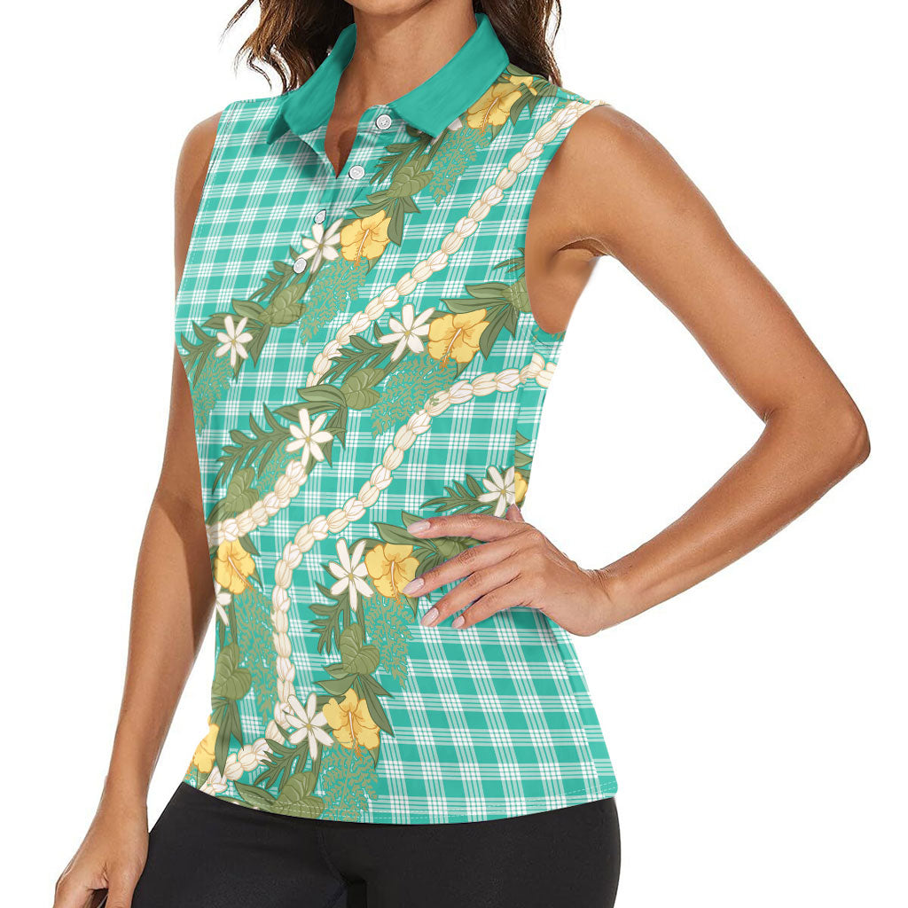 Aloha Puakenikeni Anthurium Pikake Lei Women Sleeveless Polo Shirt Marine Hawaiian Palaka Pattern