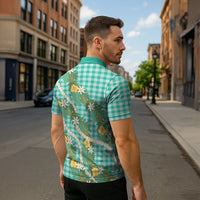 Aloha Puakenikeni Anthurium Pikake Lei Zipper Polo Shirt Marine Hawaiian Palaka Pattern