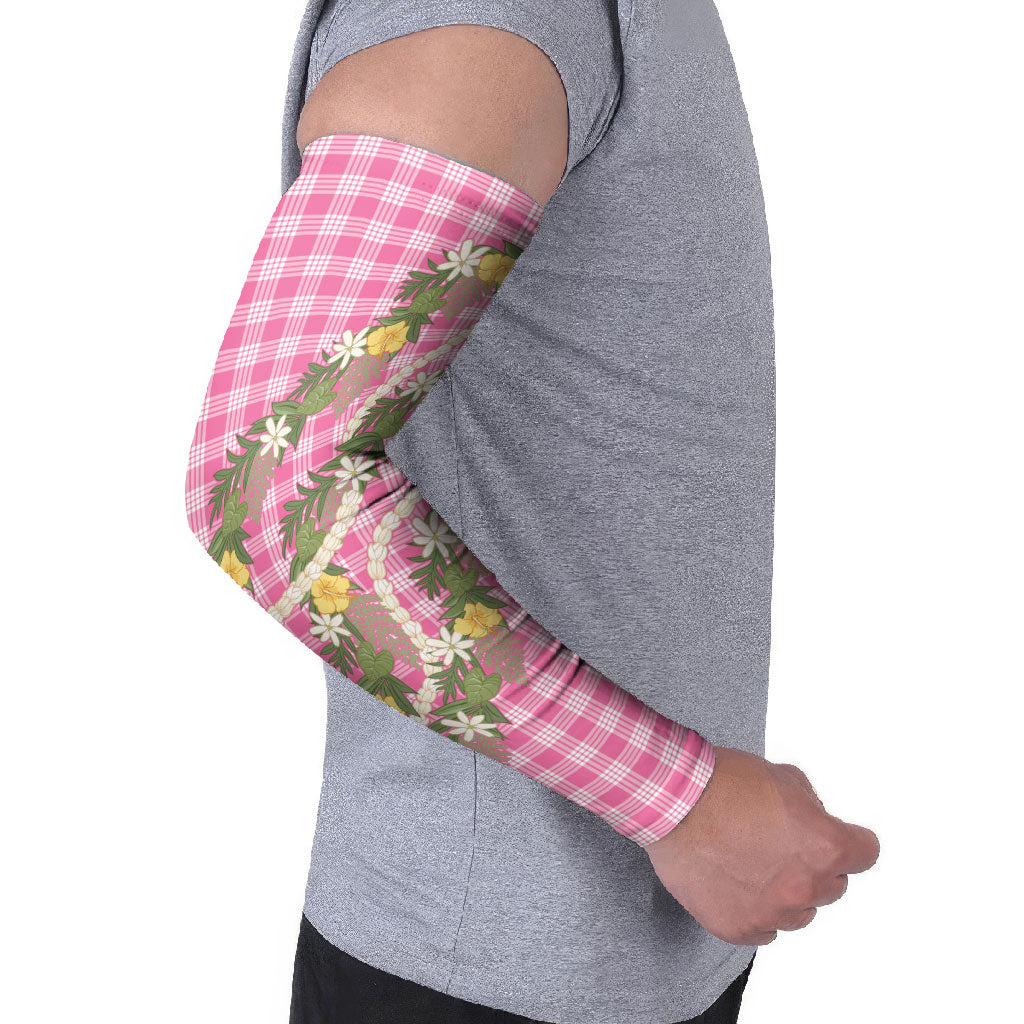 Aloha Puakenikeni Anthurium Pikake Lei Arm Sleeves Tropical Pink Hawaiian Palaka Pattern