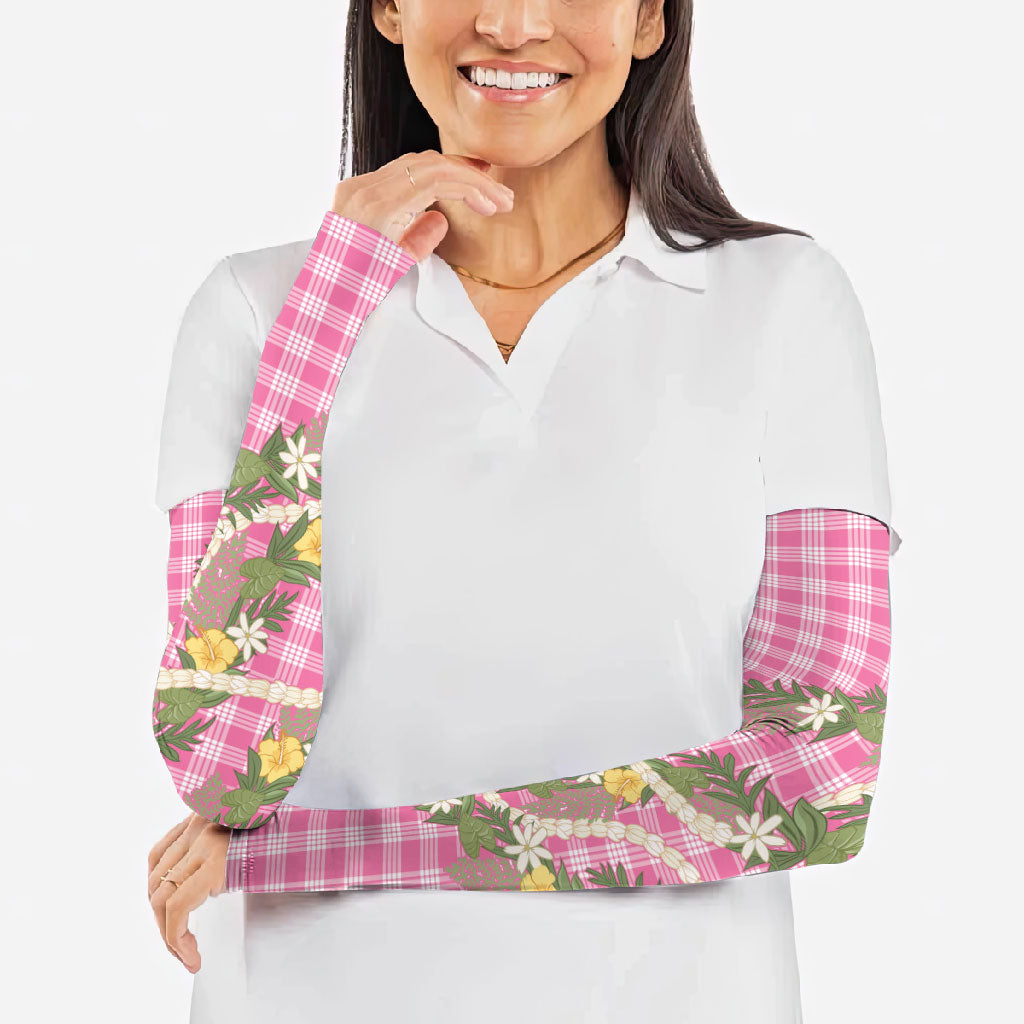 Aloha Puakenikeni Anthurium Pikake Lei Arm Sleeves Tropical Pink Hawaiian Palaka Pattern