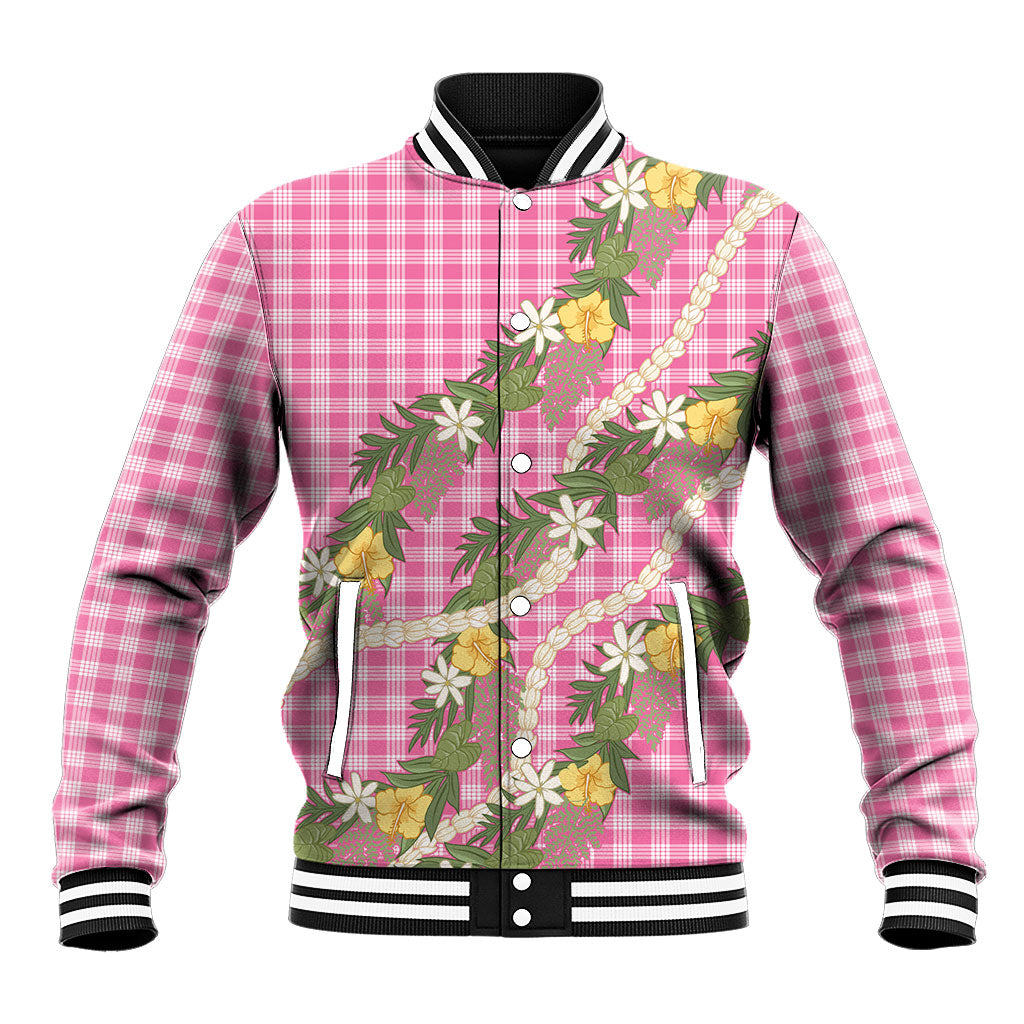 Aloha Puakenikeni Anthurium Pikake Lei Baseball Jacket Tropical Pink Hawaiian Palaka Pattern