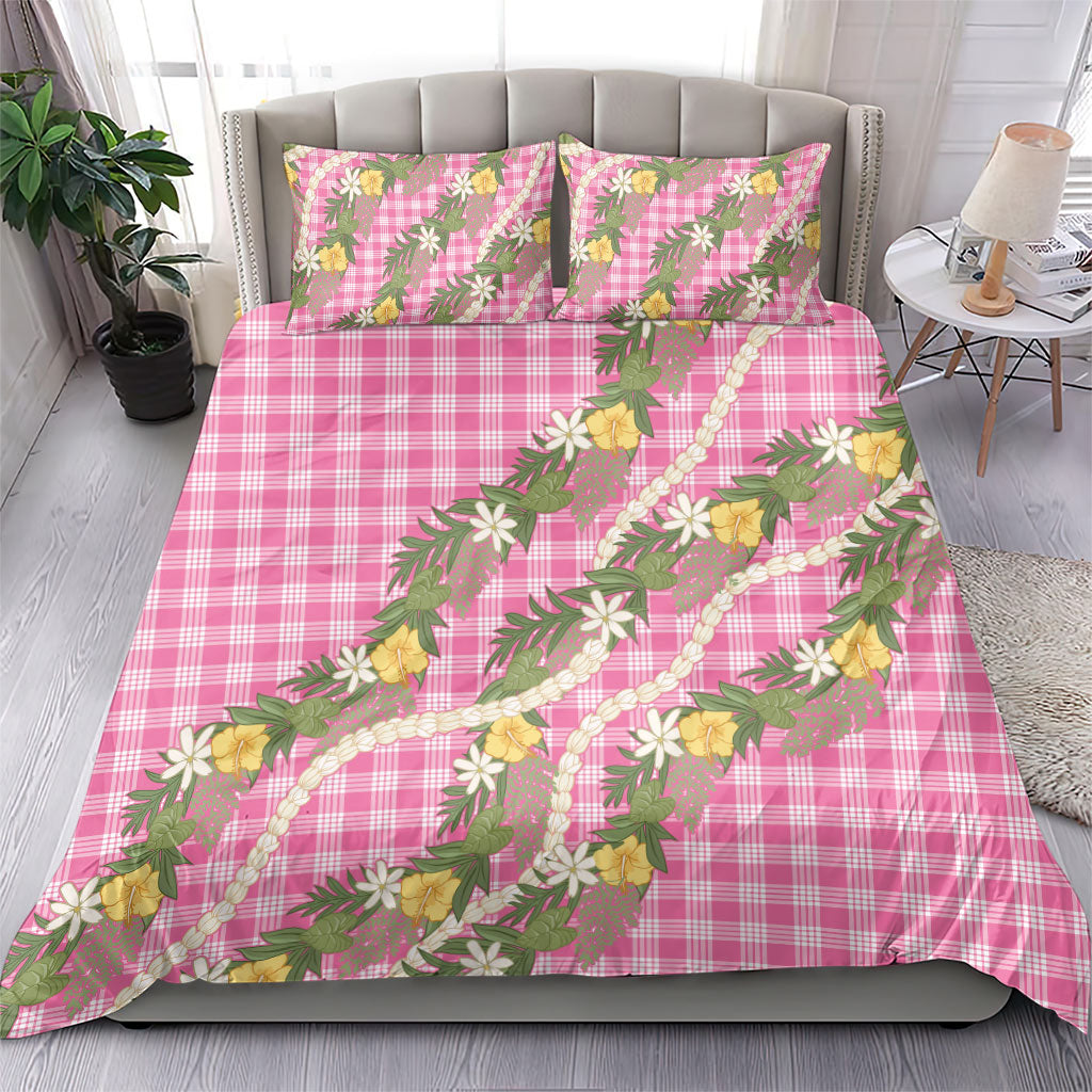 Aloha Puakenikeni Anthurium Pikake Lei Bedding Set Tropical Pink Hawaiian Palaka Pattern