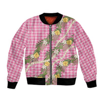 Aloha Puakenikeni Anthurium Pikake Lei Bomber Jacket Tropical Pink Hawaiian Palaka Pattern