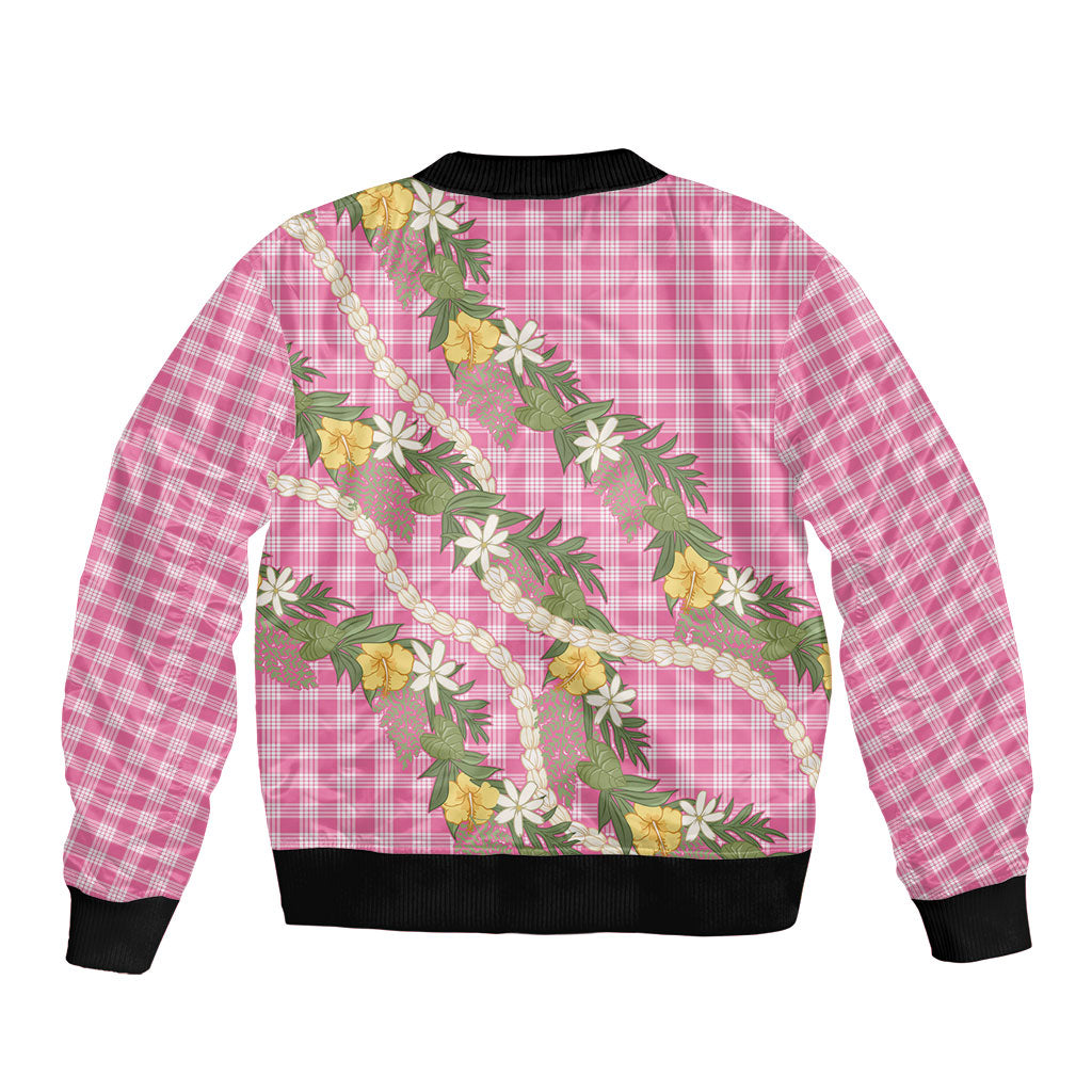 Aloha Puakenikeni Anthurium Pikake Lei Bomber Jacket Tropical Pink Hawaiian Palaka Pattern
