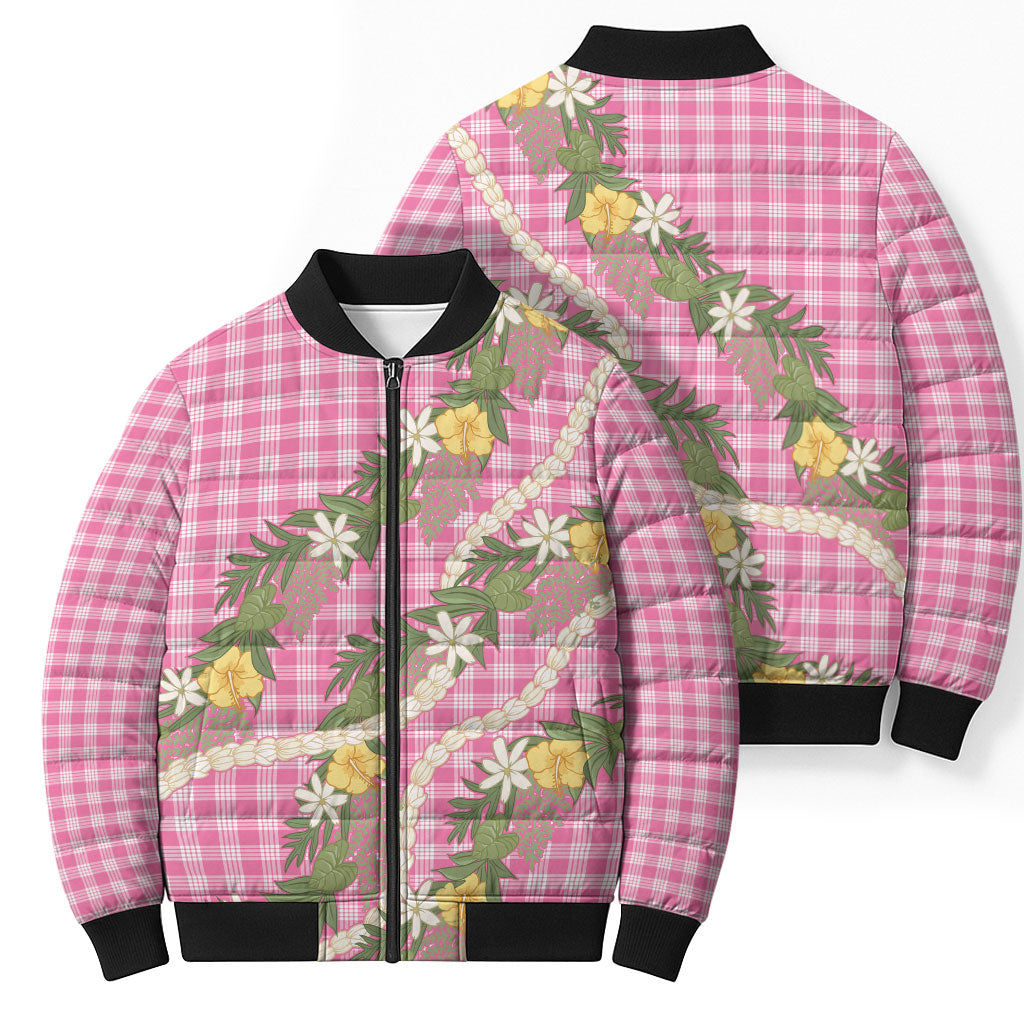 Aloha Puakenikeni Anthurium Pikake Lei Bomber Puffer Jacket Tropical Pink Hawaiian Palaka Pattern