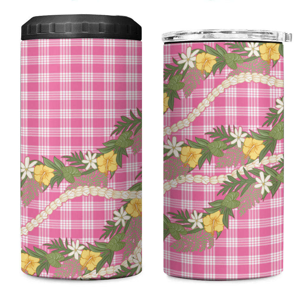 Aloha Puakenikeni Anthurium Pikake Lei 4 in 1 Can Cooler Tumbler Tropical Pink Hawaiian Palaka Pattern