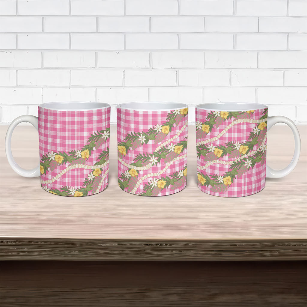 Aloha Puakenikeni Anthurium Pikake Lei Ceramic Mug Tropical Pink Hawaiian Palaka Pattern