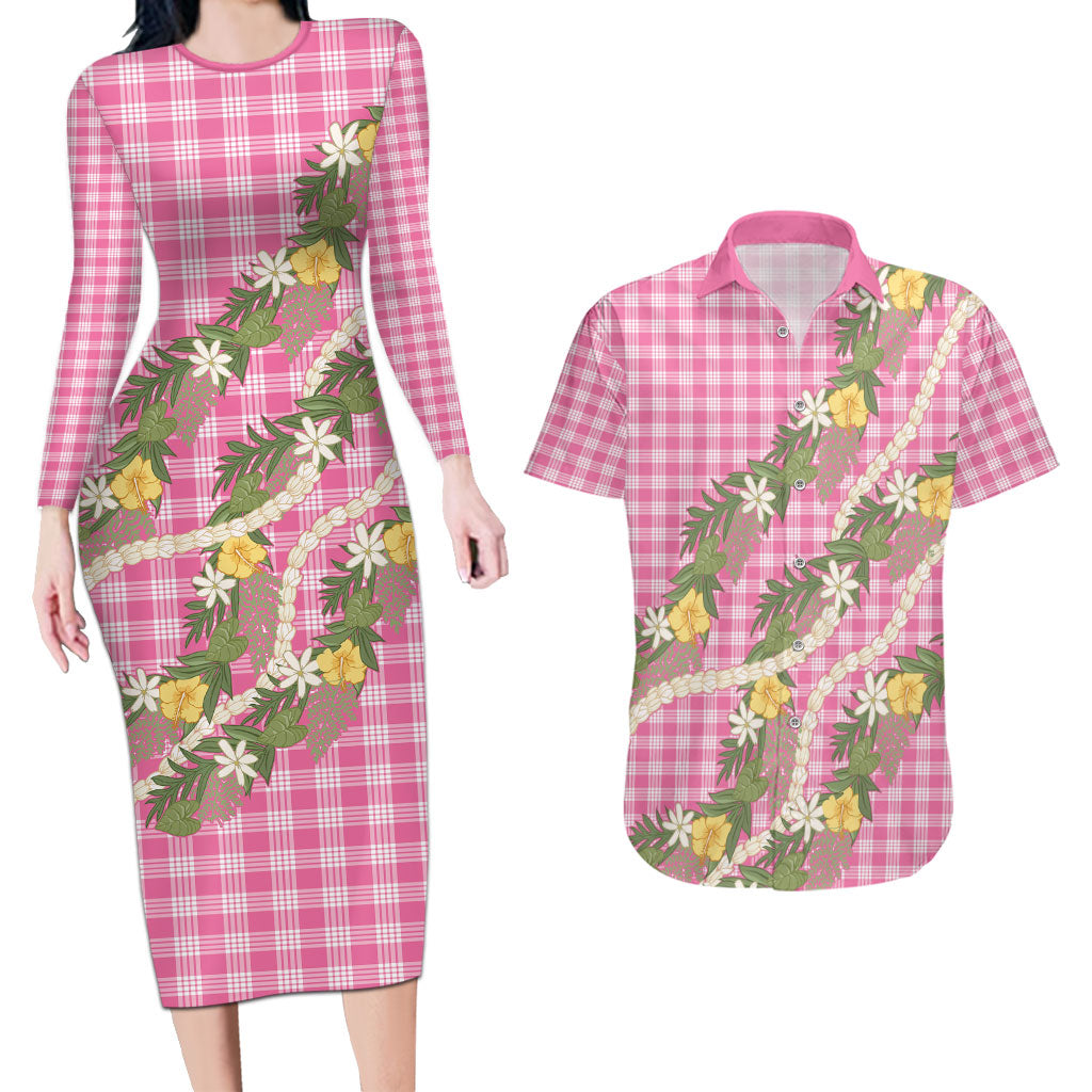 Aloha Puakenikeni Anthurium Pikake Lei Couples Matching Long Sleeve Bodycon Dress and Hawaiian Shirt Tropical Pink Hawaiian Palaka Pattern