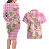 Aloha Puakenikeni Anthurium Pikake Lei Couples Matching Long Sleeve Bodycon Dress and Hawaiian Shirt Tropical Pink Hawaiian Palaka Pattern
