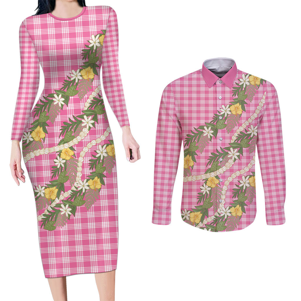 Aloha Puakenikeni Anthurium Pikake Lei Couples Matching Long Sleeve Bodycon Dress and Long Sleeve Button Shirt Tropical Pink Hawaiian Palaka Pattern
