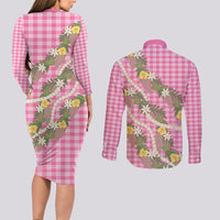 Aloha Puakenikeni Anthurium Pikake Lei Couples Matching Long Sleeve Bodycon Dress and Long Sleeve Button Shirt Tropical Pink Hawaiian Palaka Pattern