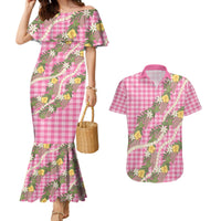 Aloha Puakenikeni Anthurium Pikake Lei Couples Matching Mermaid Dress and Hawaiian Shirt Tropical Pink Hawaiian Palaka Pattern