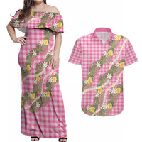 Aloha Puakenikeni Anthurium Pikake Lei Couples Matching Off Shoulder Maxi Dress and Hawaiian Shirt Tropical Pink Hawaiian Palaka Pattern