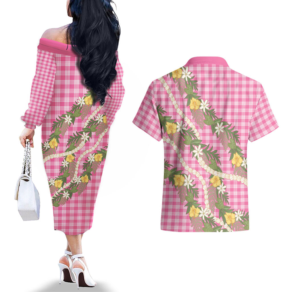 Aloha Puakenikeni Anthurium Pikake Lei Couples Matching Off The Shoulder Long Sleeve Dress and Hawaiian Shirt Tropical Pink Hawaiian Palaka Pattern