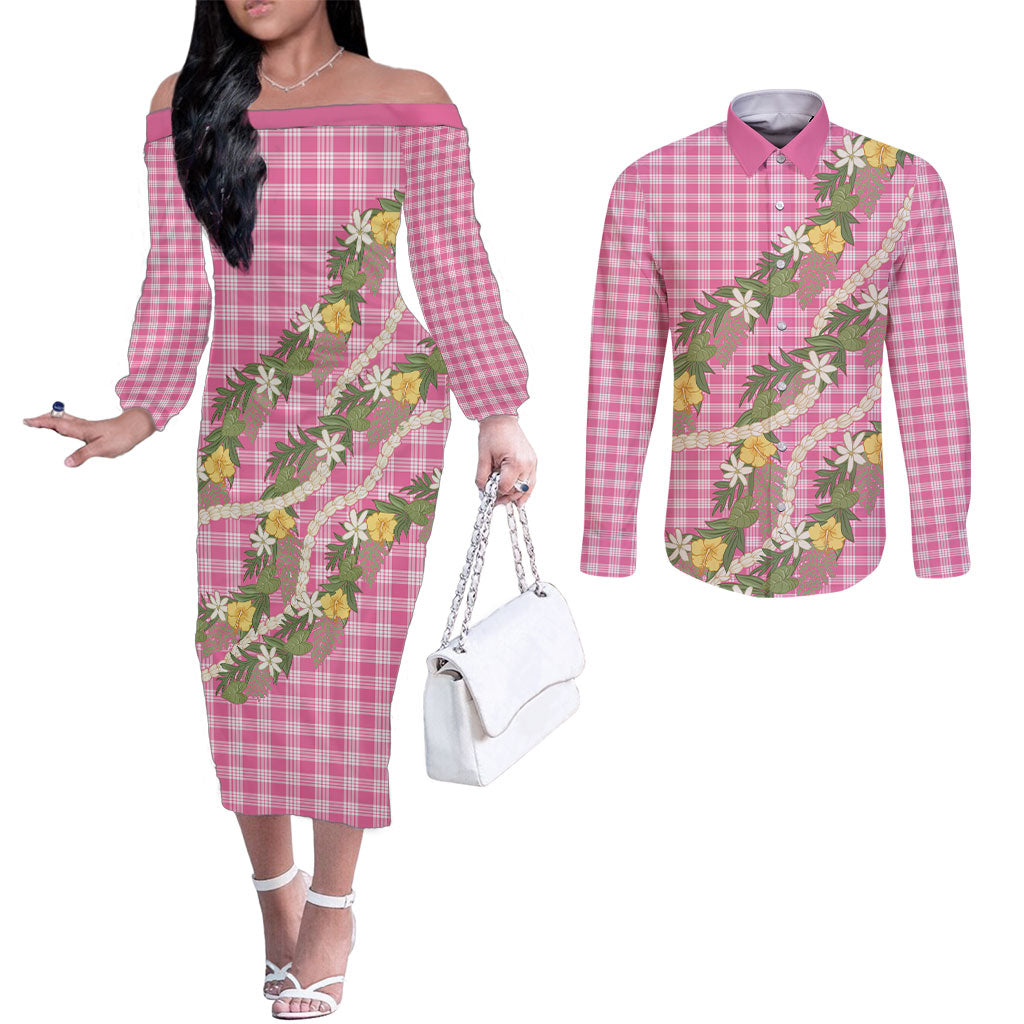 Aloha Puakenikeni Anthurium Pikake Lei Couples Matching Off The Shoulder Long Sleeve Dress and Long Sleeve Button Shirt Tropical Pink Hawaiian Palaka Pattern