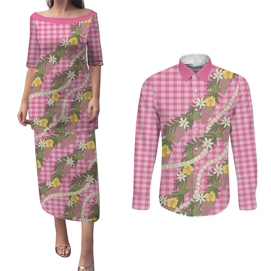 Aloha Puakenikeni Anthurium Pikake Lei Couples Matching Puletasi and Long Sleeve Button Shirt Tropical Pink Hawaiian Palaka Pattern