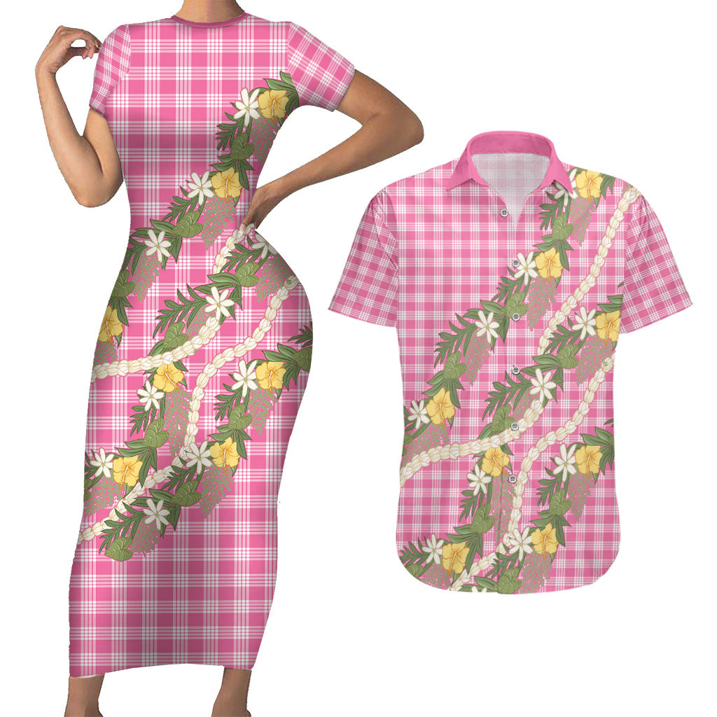 Aloha Puakenikeni Anthurium Pikake Lei Couples Matching Short Sleeve Bodycon Dress and Hawaiian Shirt Tropical Pink Hawaiian Palaka Pattern