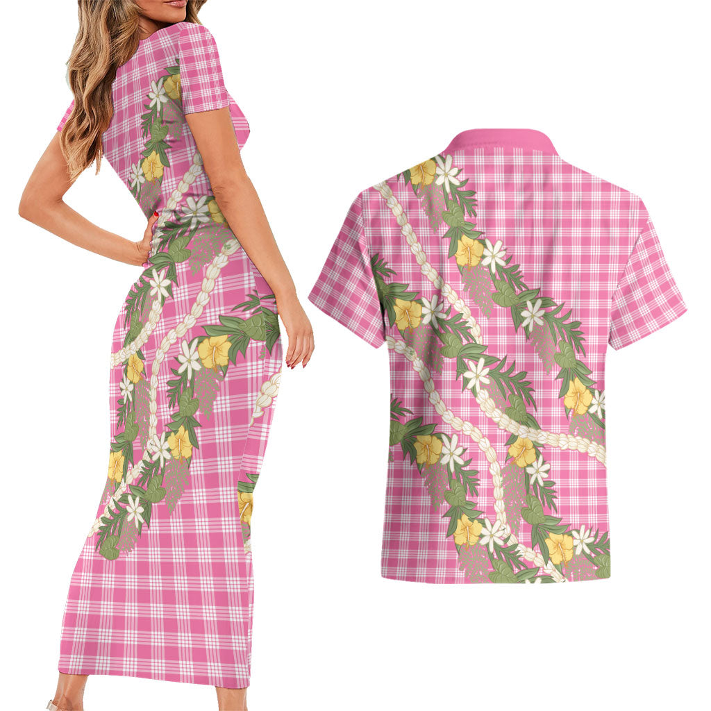 Aloha Puakenikeni Anthurium Pikake Lei Couples Matching Short Sleeve Bodycon Dress and Hawaiian Shirt Tropical Pink Hawaiian Palaka Pattern