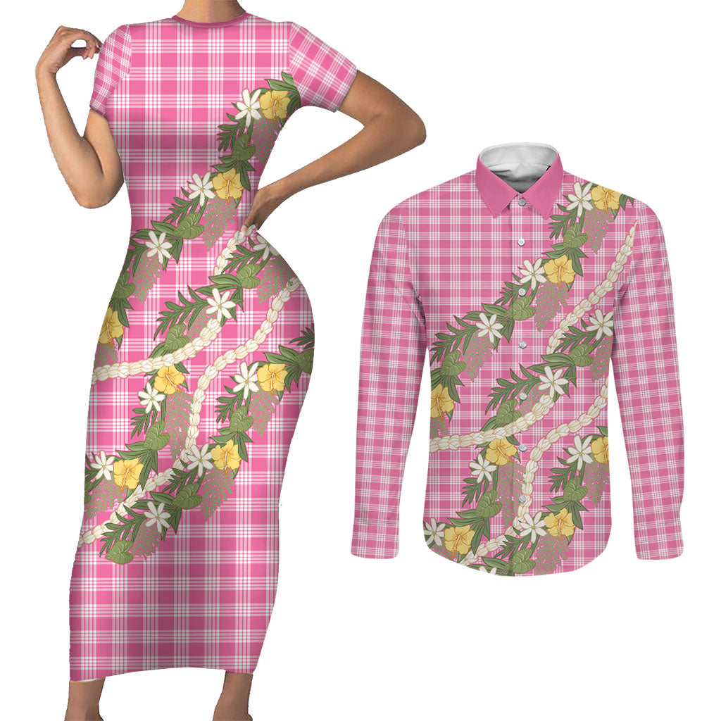 Aloha Puakenikeni Anthurium Pikake Lei Couples Matching Short Sleeve Bodycon Dress and Long Sleeve Button Shirt Tropical Pink Hawaiian Palaka Pattern