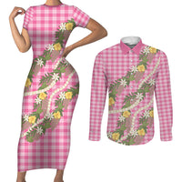 Aloha Puakenikeni Anthurium Pikake Lei Couples Matching Short Sleeve Bodycon Dress and Long Sleeve Button Shirt Tropical Pink Hawaiian Palaka Pattern