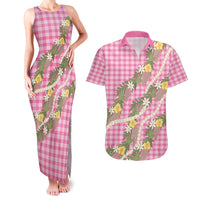 Aloha Puakenikeni Anthurium Pikake Lei Couples Matching Tank Maxi Dress and Hawaiian Shirt Tropical Pink Hawaiian Palaka Pattern
