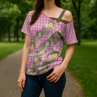 Aloha Puakenikeni Anthurium Pikake Lei Cross Shoulder Shirt Tropical Pink Hawaiian Palaka Pattern