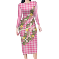 Aloha Puakenikeni Anthurium Pikake Lei Family Matching Long Sleeve Bodycon Dress and Hawaiian Shirt Tropical Pink Hawaiian Palaka Pattern