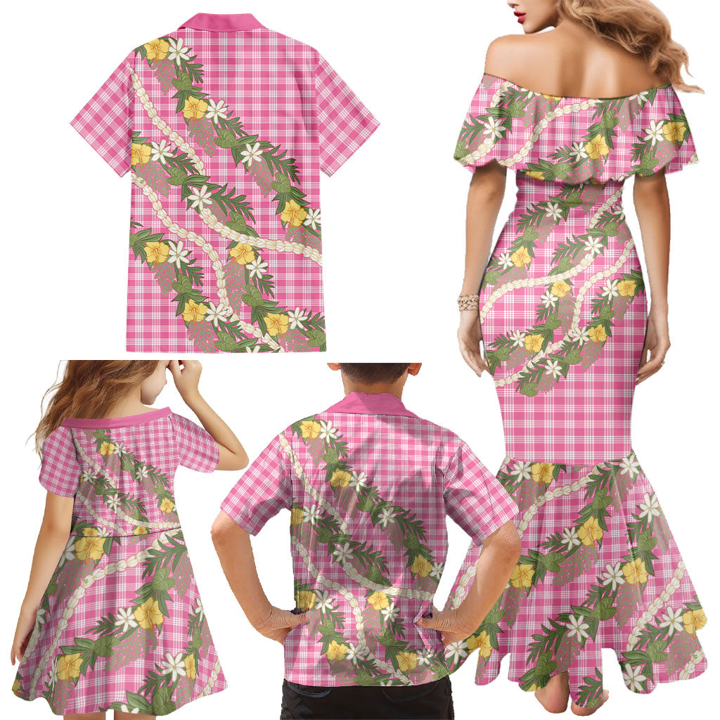 Aloha Puakenikeni Anthurium Pikake Lei Family Matching Mermaid Dress and Hawaiian Shirt Tropical Pink Hawaiian Palaka Pattern