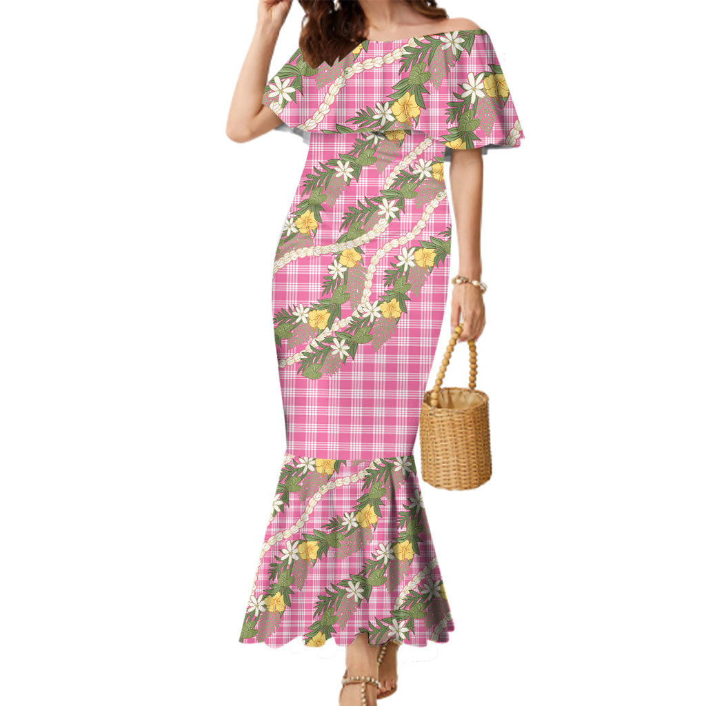 Aloha Puakenikeni Anthurium Pikake Lei Family Matching Mermaid Dress and Hawaiian Shirt Tropical Pink Hawaiian Palaka Pattern