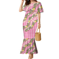 Aloha Puakenikeni Anthurium Pikake Lei Family Matching Mermaid Dress and Hawaiian Shirt Tropical Pink Hawaiian Palaka Pattern