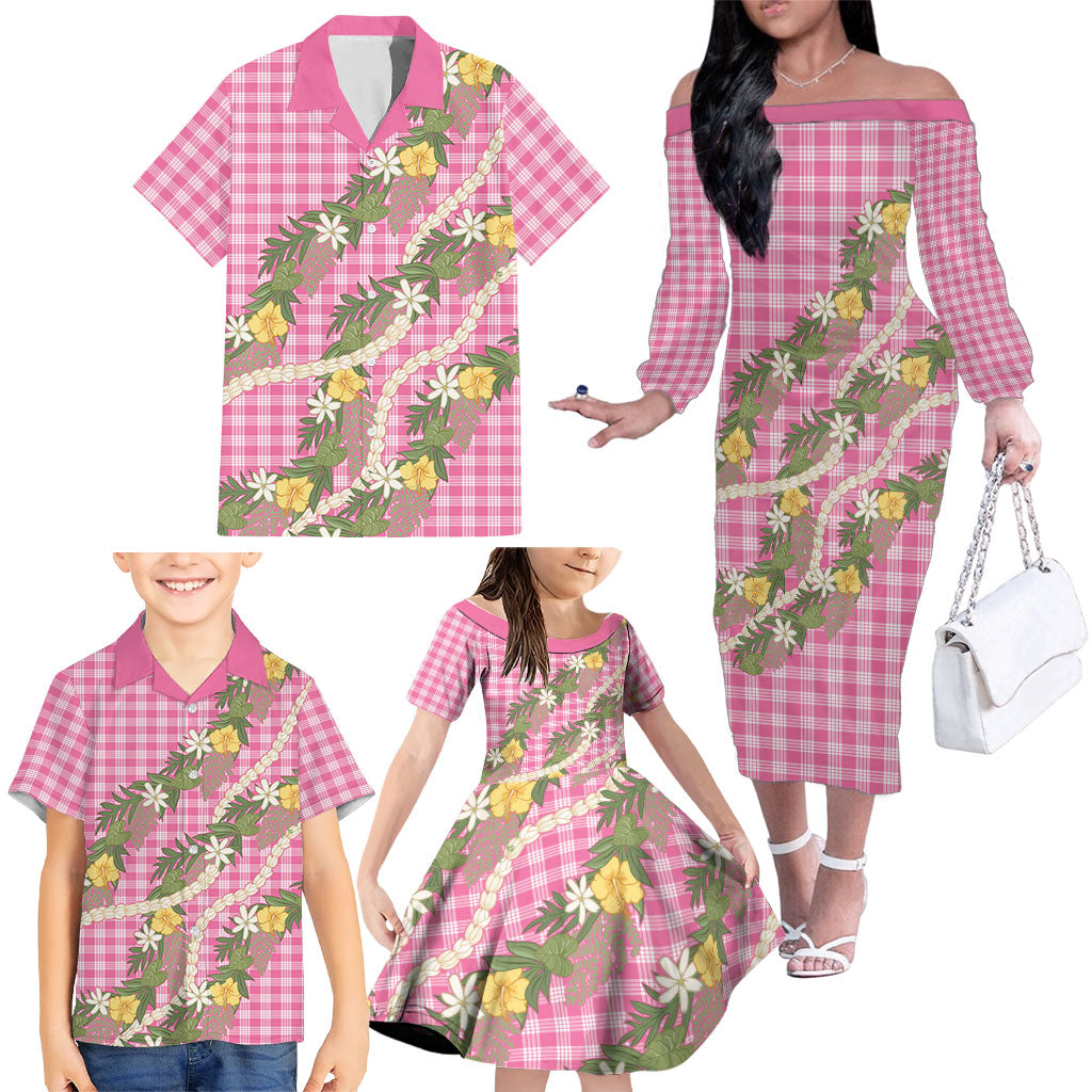 Aloha Puakenikeni Anthurium Pikake Lei Family Matching Off The Shoulder Long Sleeve Dress and Hawaiian Shirt Tropical Pink Hawaiian Palaka Pattern