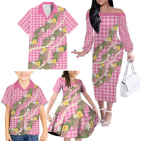 Aloha Puakenikeni Anthurium Pikake Lei Family Matching Off The Shoulder Long Sleeve Dress and Hawaiian Shirt Tropical Pink Hawaiian Palaka Pattern