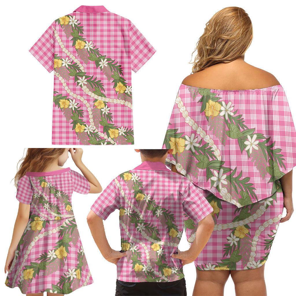 Aloha Puakenikeni Anthurium Pikake Lei Family Matching Off Shoulder Short Dress and Hawaiian Shirt Tropical Pink Hawaiian Palaka Pattern