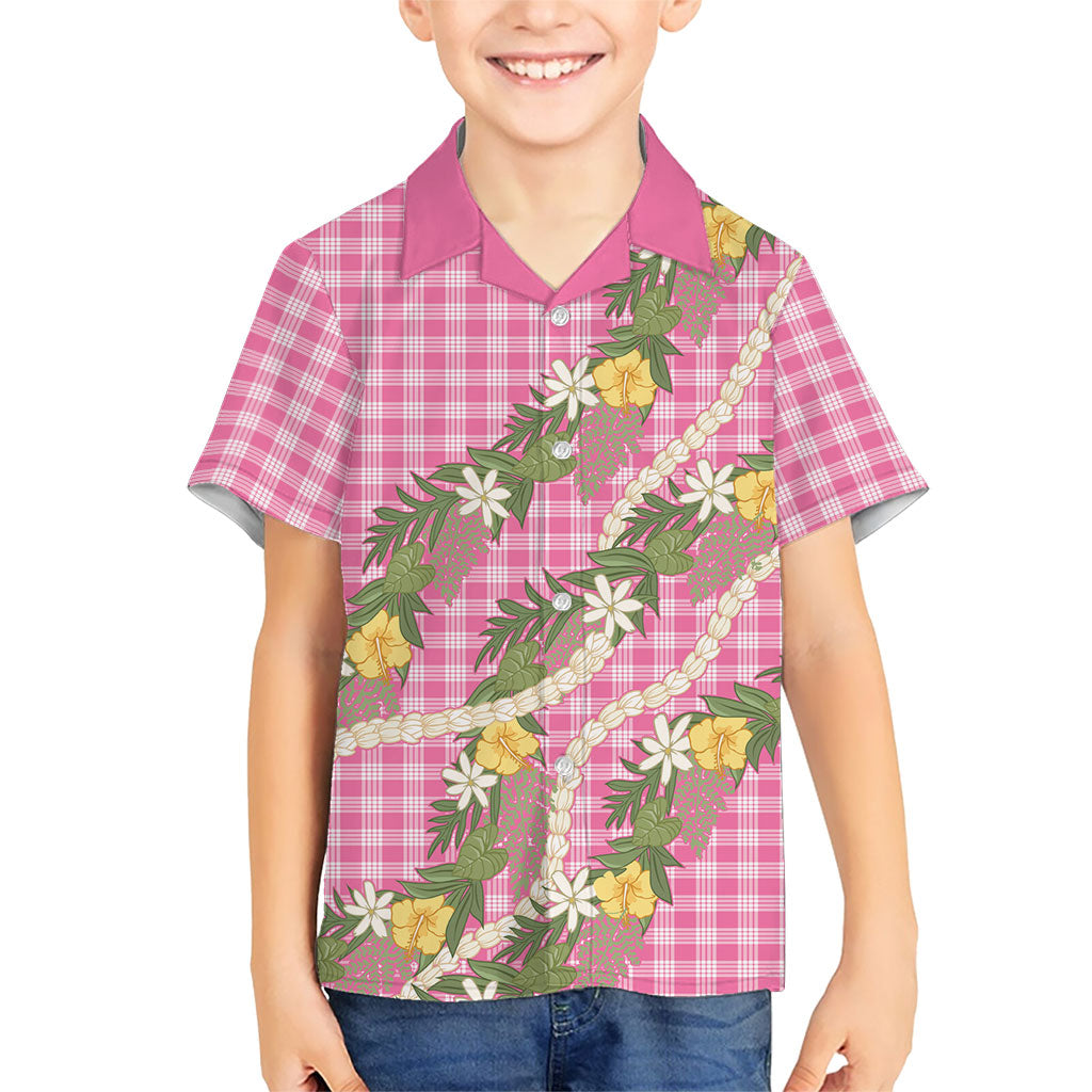 Aloha Puakenikeni Anthurium Pikake Lei Family Matching Off Shoulder Short Dress and Hawaiian Shirt Tropical Pink Hawaiian Palaka Pattern