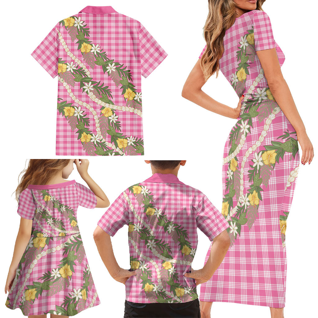 Aloha Puakenikeni Anthurium Pikake Lei Family Matching Short Sleeve Bodycon Dress and Hawaiian Shirt Tropical Pink Hawaiian Palaka Pattern