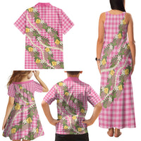 Aloha Puakenikeni Anthurium Pikake Lei Family Matching Tank Maxi Dress and Hawaiian Shirt Tropical Pink Hawaiian Palaka Pattern