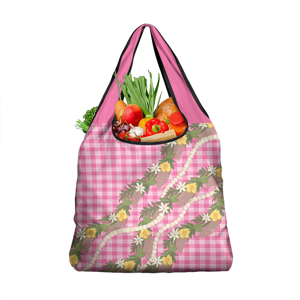 Aloha Puakenikeni Anthurium Pikake Lei Grocery Bag Tropical Pink Hawaiian Palaka Pattern