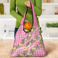 Aloha Puakenikeni Anthurium Pikake Lei Grocery Bag Tropical Pink Hawaiian Palaka Pattern