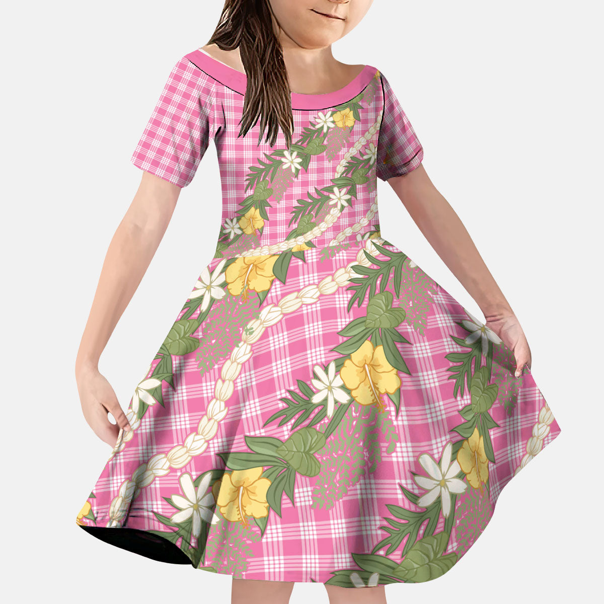 Aloha Puakenikeni Anthurium Pikake Lei Kid Short Sleeve Dress Tropical Pink Hawaiian Palaka Pattern
