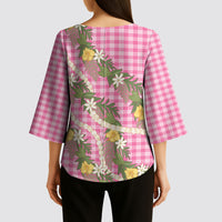 Aloha Puakenikeni Anthurium Pikake Lei Kimono Sleeve Blouse Tropical Pink Hawaiian Palaka Pattern