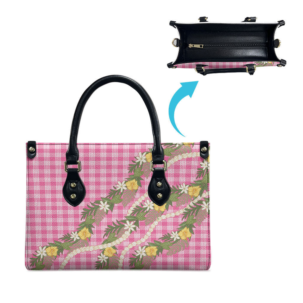 Aloha Puakenikeni Anthurium Pikake Lei Leather Bag Tropical Pink Hawaiian Palaka Pattern