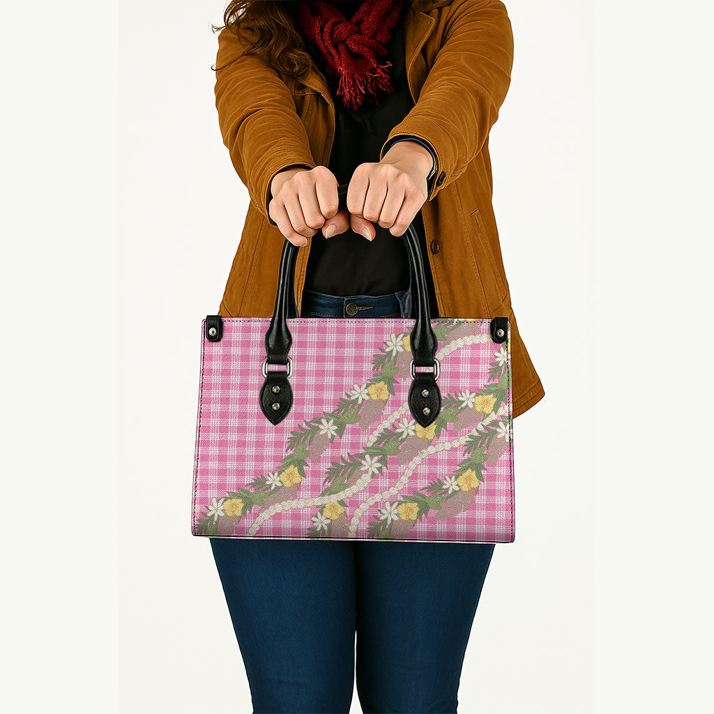 Aloha Puakenikeni Anthurium Pikake Lei Leather Bag Tropical Pink Hawaiian Palaka Pattern