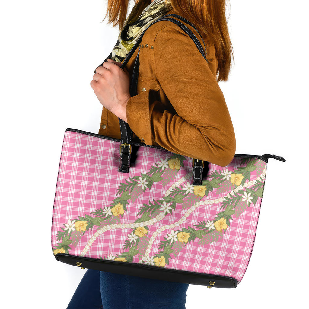 Aloha Puakenikeni Anthurium Pikake Lei Leather Tote Bag Tropical Pink Hawaiian Palaka Pattern