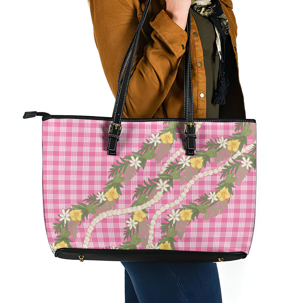 Aloha Puakenikeni Anthurium Pikake Lei Leather Tote Bag Tropical Pink Hawaiian Palaka Pattern