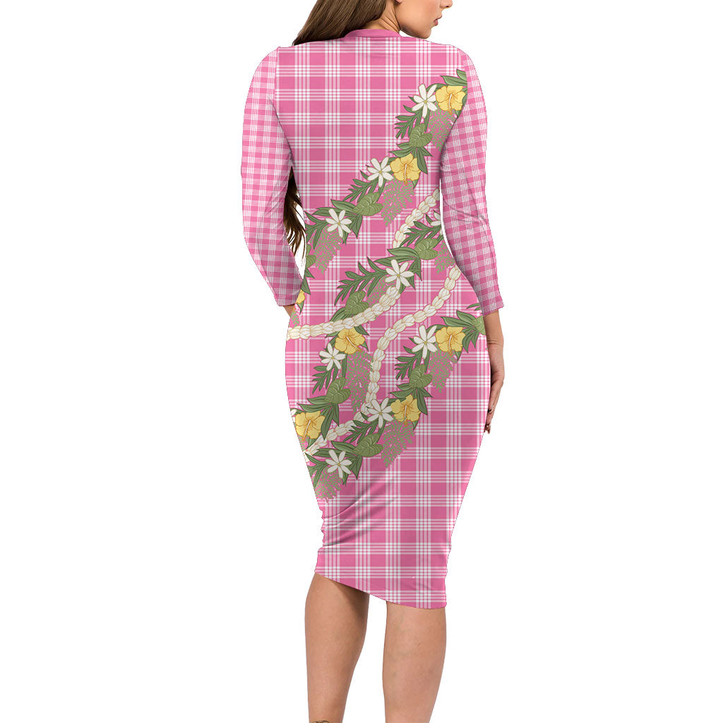Aloha Puakenikeni Anthurium Pikake Lei Long Sleeve Bodycon Dress Tropical Pink Hawaiian Palaka Pattern